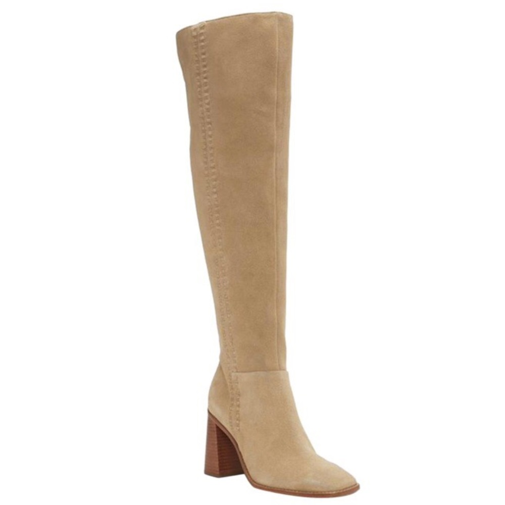 Vince Camuto Beige Suede Square Toe Over The Knee Boots